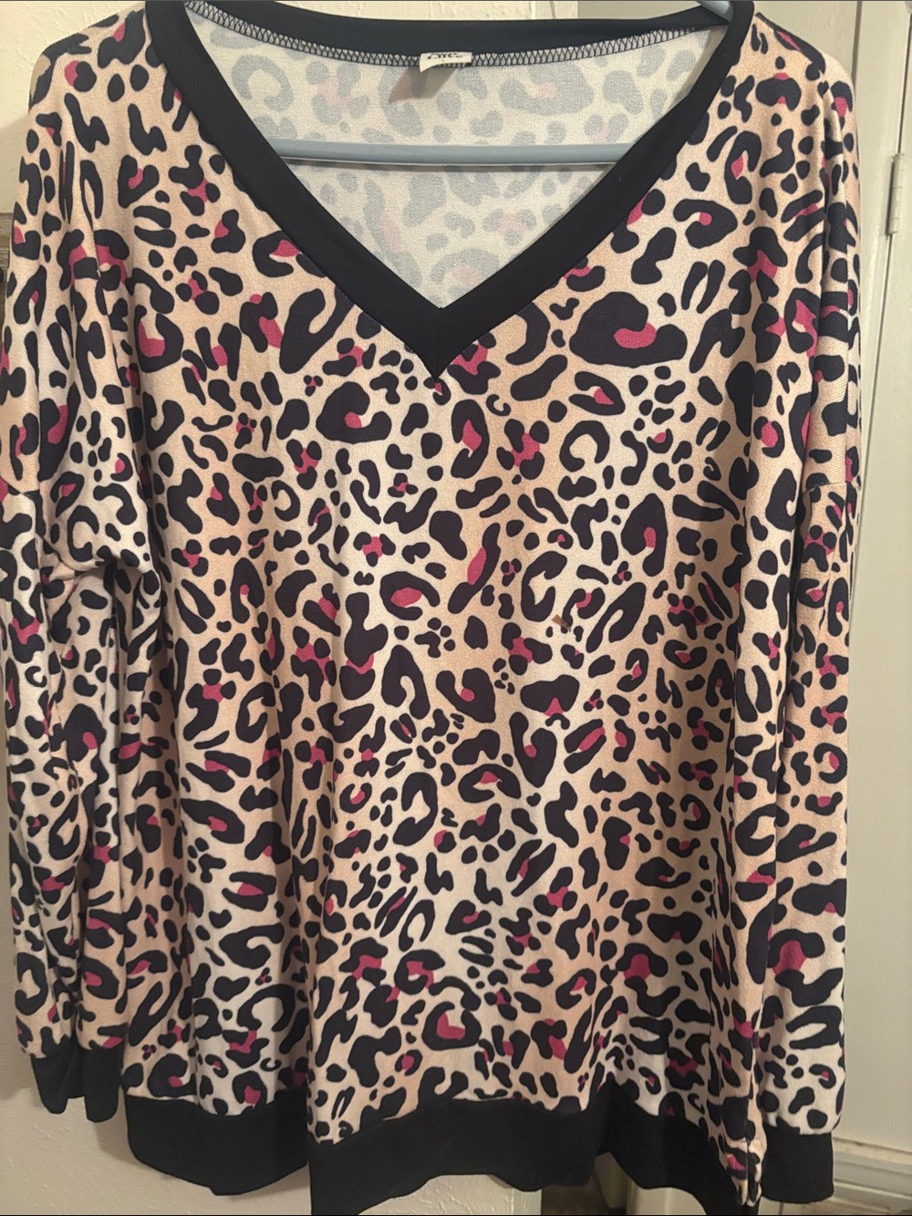 Sew In Love Beige Leopard Print Long Sleeve Top with Black Trim and Pink Accents